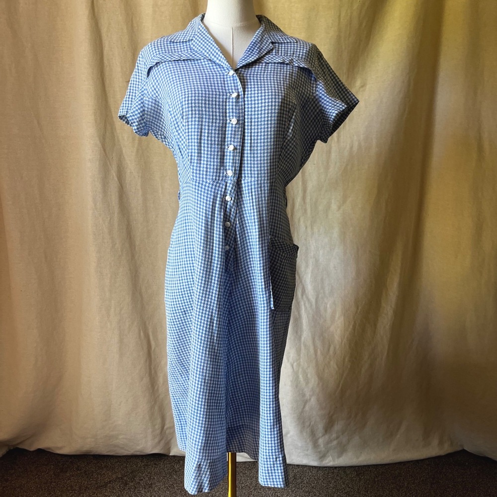 1950s Blue White Gingham Cotton House Dress S/M Short Sleeve Midi